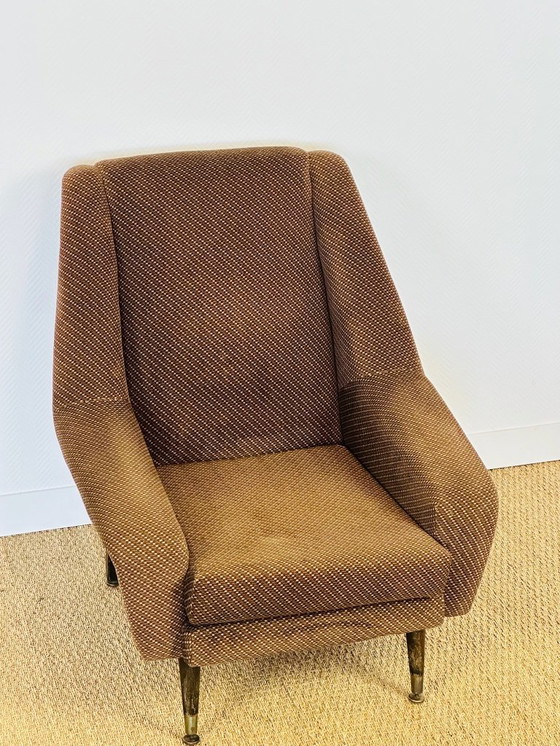 Image 1 of Vintage fauteuil in bruine tweedstof met uitlopende poten, 1960