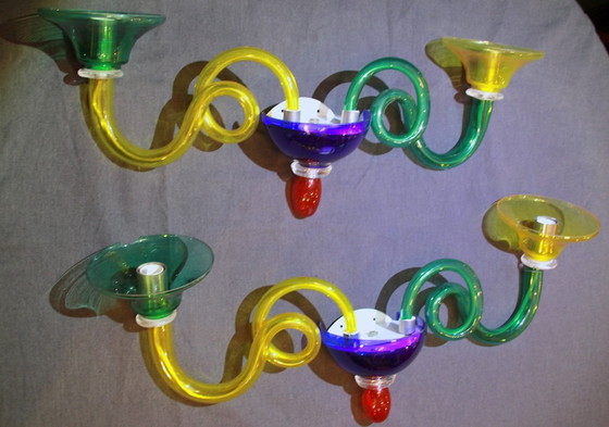 Image 1 of Paar veelkleurige wandlampen van Muranoglas, Sylcom, Italië