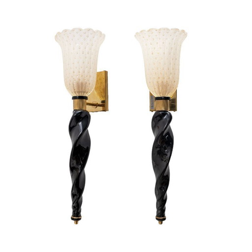 Pair of Italian Murano Glass Wall Sconces with Gold Dust Inclusions and Brass