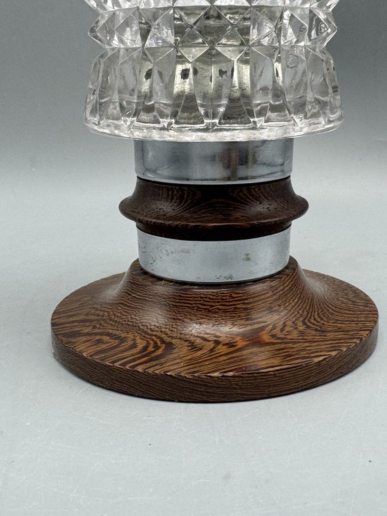 Image 1 of Mid-Century Table Lamp with Cut Glass Shade and Wooden Base – Vintage Design Lighting