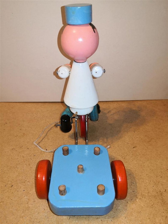 Image 1 of Rare Jouet Ancien Vilac En Bois Rétro Vintage Livreur De Lait Sur Tricycle / 60's