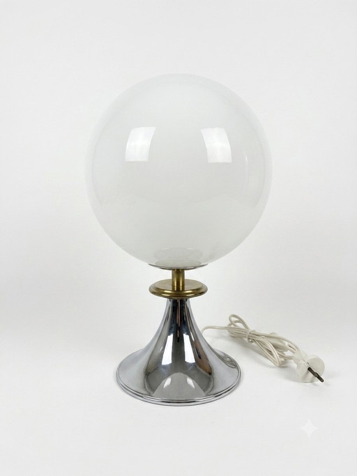 Vintage Space Age Tafellamp – Opaalglazen bol & Chromen voet – Jaren 70
