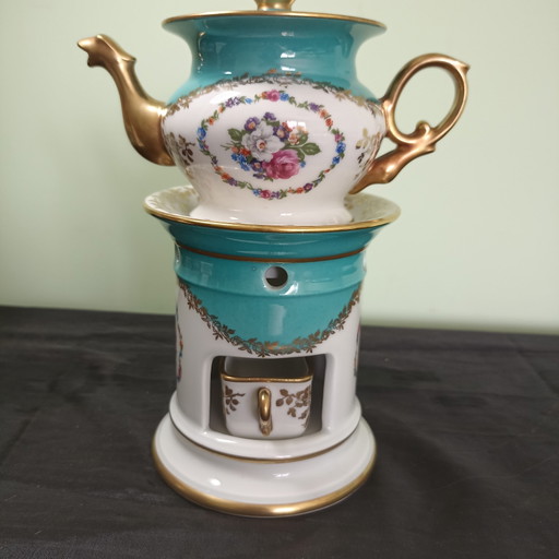 Wunderschöne antike Porzellan-Teekanne auf Réchaud – Pariser Eleganz von Pillivuyt – servies, Ceramic