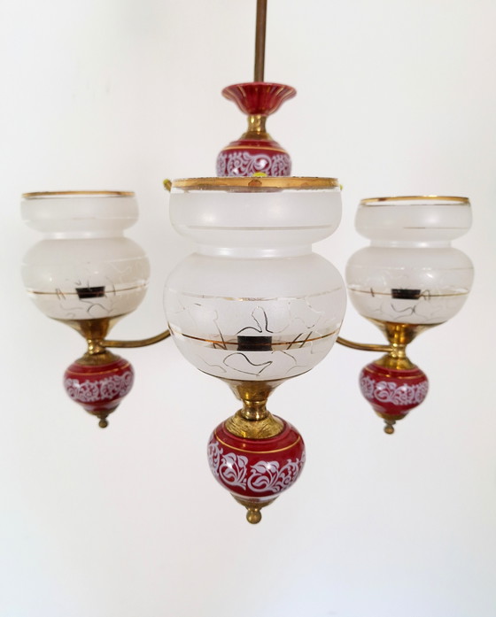 Image 1 of Vintage kroonluchter, 4 Arm Messing Keramiek en Glas Plafondlamp, Vintage Licht Armatuur, 70s Hanglamp, Mid Century Modern Lam