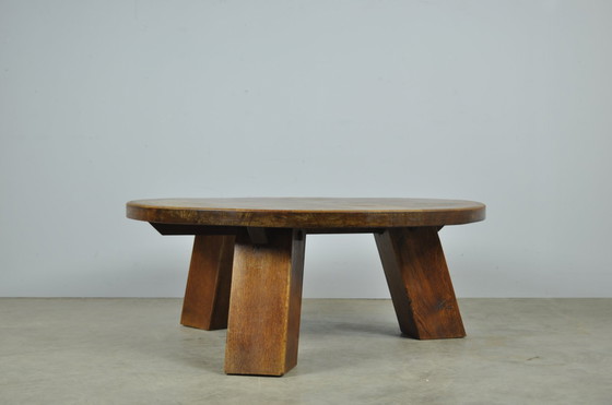 Image 1 of Brutalist Massive Oak Round Coffee Table 1970s