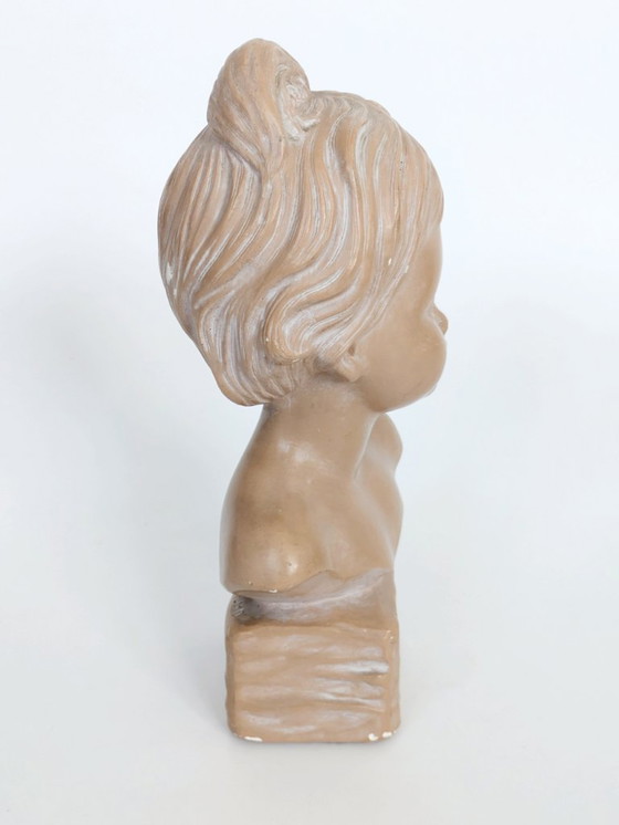 Image 1 of Vintage Young Girl Bust on Pedestal, After Salvatore Melani, Glazed Plaster Terracotta Patina, Signed