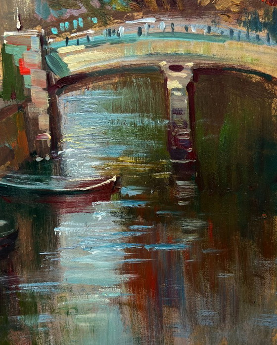 Image 1 of Original Oil Painting City River Landscape Old street of Venice