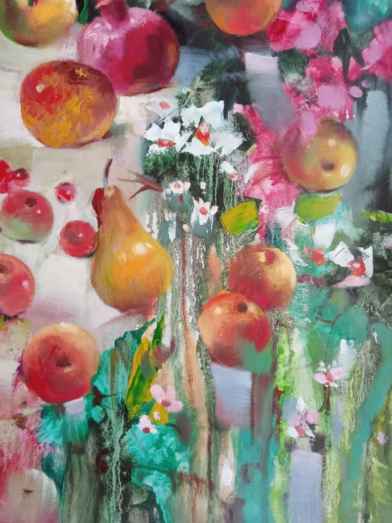 Peinture à l'Huile Originale Fleurs Abstraites Pommes Fruits – Peintures et dessins, Canvas (photo 6 of 8)