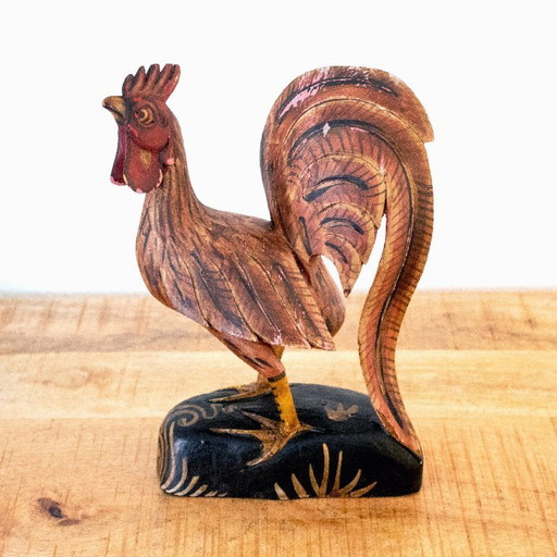 Gallo vintage in legno intagliato e dipinto a mano