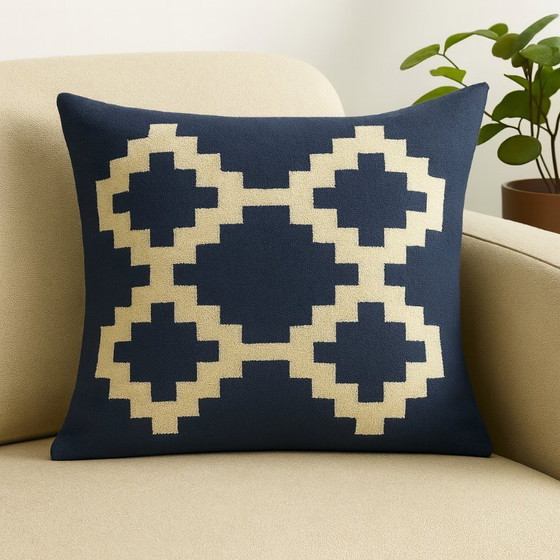 Image 1 of Funda de cojín de lana egipcia hecha a mano “Senon” – 40×40 cm – Azul y crema – Con cremallera – No incluye cojín interior