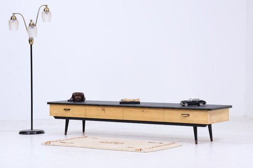 Vintage lowboard 60s | Mid - Century sideboard with drawers & linoleum surface Retro wood storage #04-46