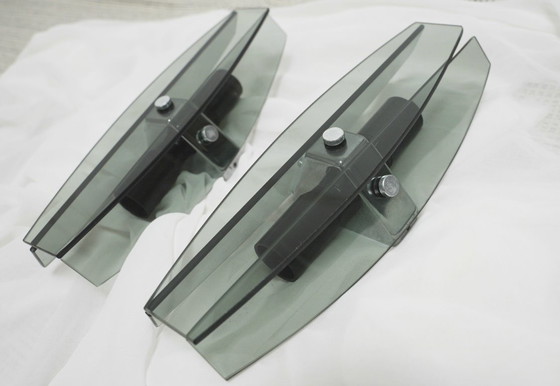 Image 1 of Veca Grey Smoked Glass Vintage Italian Wall Sconces Set of 2 Fontana Arte Mid Century Modern Faceted Glass Pair of Lamps