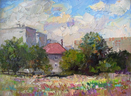 Pintura al óleo original Paisaje urbano Casa de verano Paraíso