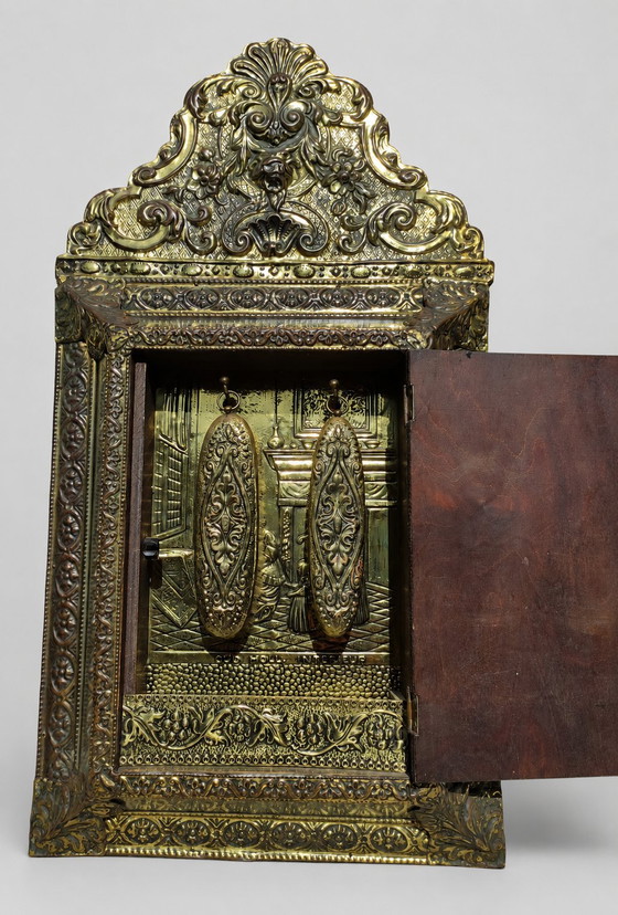 Image 1 of Oud Hollands interieur - Antieke spiegel met borstelkastje - 100% compleet met originele borstels