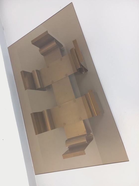 Image 1 of Large rectangular coffee table by François Monnet, vintage Space Age style, in steel and smoked glass from the 1970s