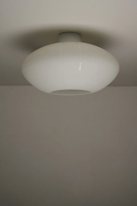 Large Striped Opaline Glass Flush Mount Ceiling Light, Metal, White (photo 6 of 11)