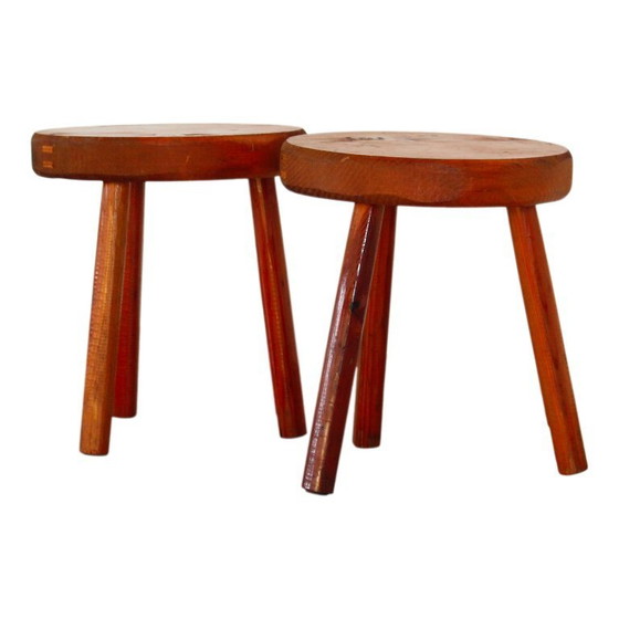 Image 1 of 2x fir wood stools in the style of the "Méribel" model by Charlotte Perriand, Italy, 1960s