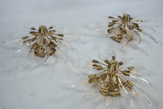 Set of three ceiling lamps in brass and crystal. Italy 1970s, Ceiling lights, Gold (photo 5 of 17)