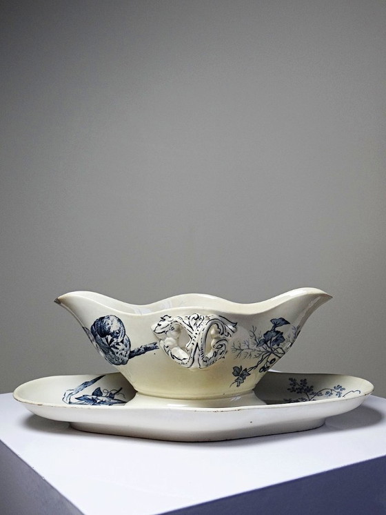 Image 1 of Antique Longwy earthenware gravy boat, late 19th-early 20th century