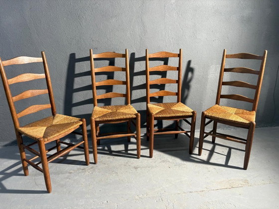 Image 1 of Dining Chairs, Rustic Oak Ladder Back Chairs, Set Of 4, 1960s, Belgium, Rush Seats