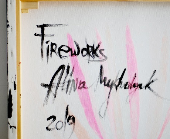 Image 1 of Abstract blue and red colors acrylic painting on stretched canvas