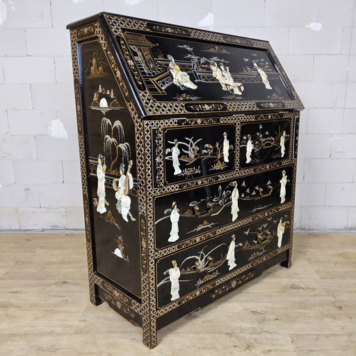 Vintage chinesischer Lacksekretär/Schreibtisch mit Perlmutt-Einlage / Böhmischer/Orientalischer Schrank