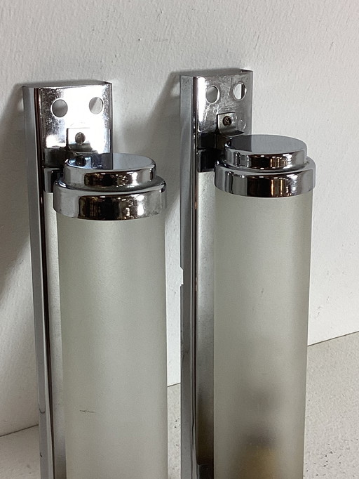 Set art deco Bauhaus Stijl wandlampen chroom glas