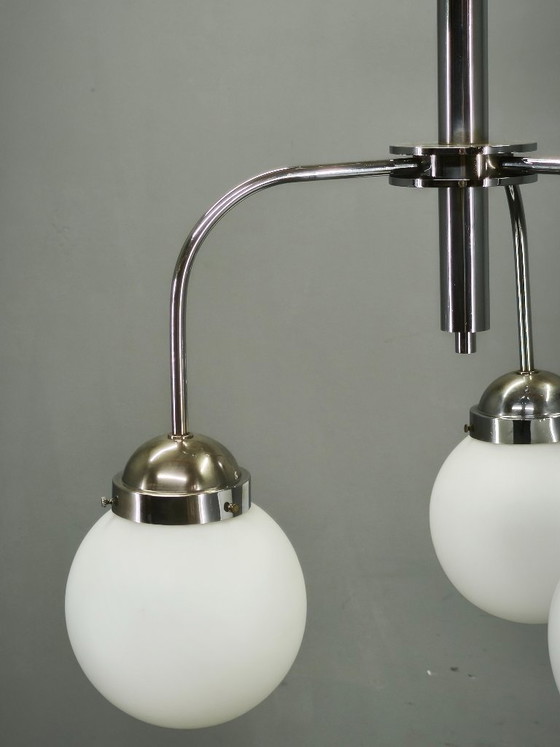 Image 1 of 1940s Czech Bauhaus Chandelier with Opaline Glass Globes