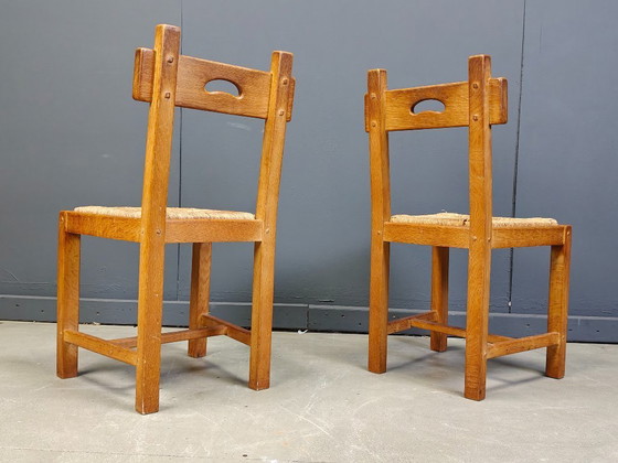 Image 1 of Vintage eiken en rieten brutalistische stoelen, jaren 60 - set van 8