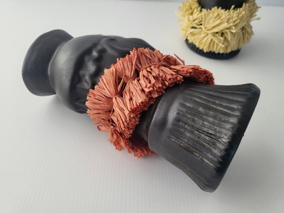 Image 1 of PAIR OF VINTAGE 1950S AFRICANIST VASES BLACK CERAMIC & STRAW 50S ROCKABILLY
