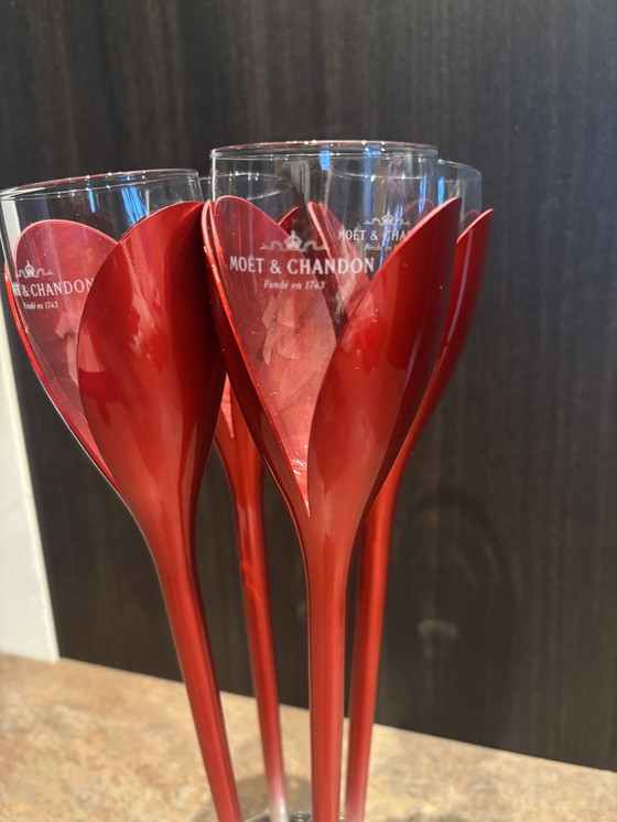 Image 1 of Moët and Chandon 4 red tulip flutes with original Moët Chandon glasses including holder