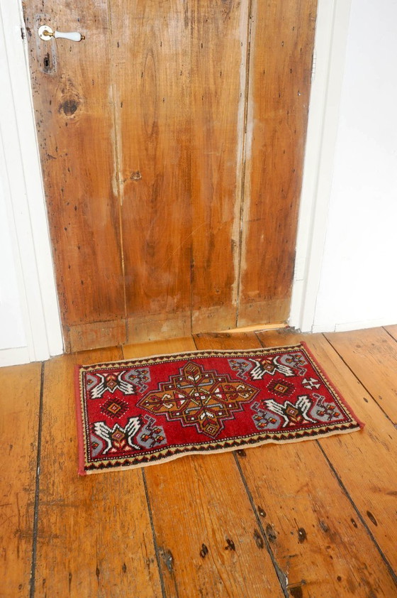 Image 1 of vintage turkish anatolian rug * tribal geometric wool rug * red small runner * village carpet * folk art textile