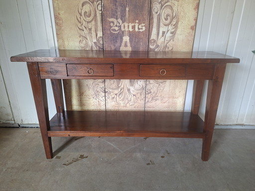 Teak side table, hall table, wall console, dimensions: 141x39cm and 80cm high.