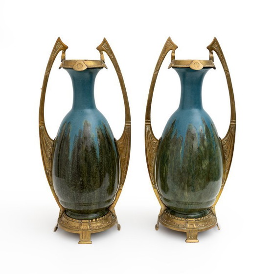 Image 1 of Pareja de jarrones Art Nouveau Jugendstil de bronce y cerámica, estilo Otto Eckman, 1900