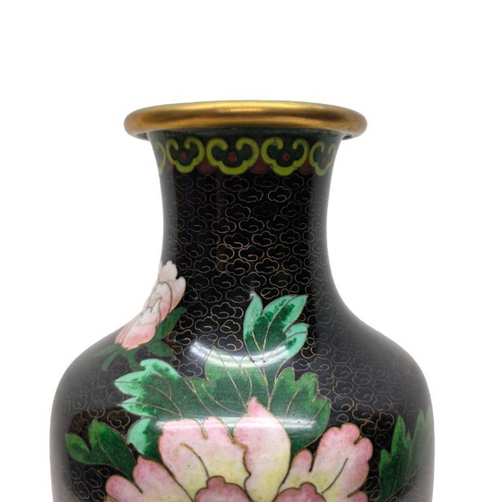 Image 1 of Large vintage black cloisonné vase
