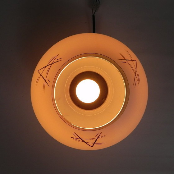 Image 1 of Art Deco Plafondlamp Met Glazen Kap Met Gouden Decoraties, Jaren 30