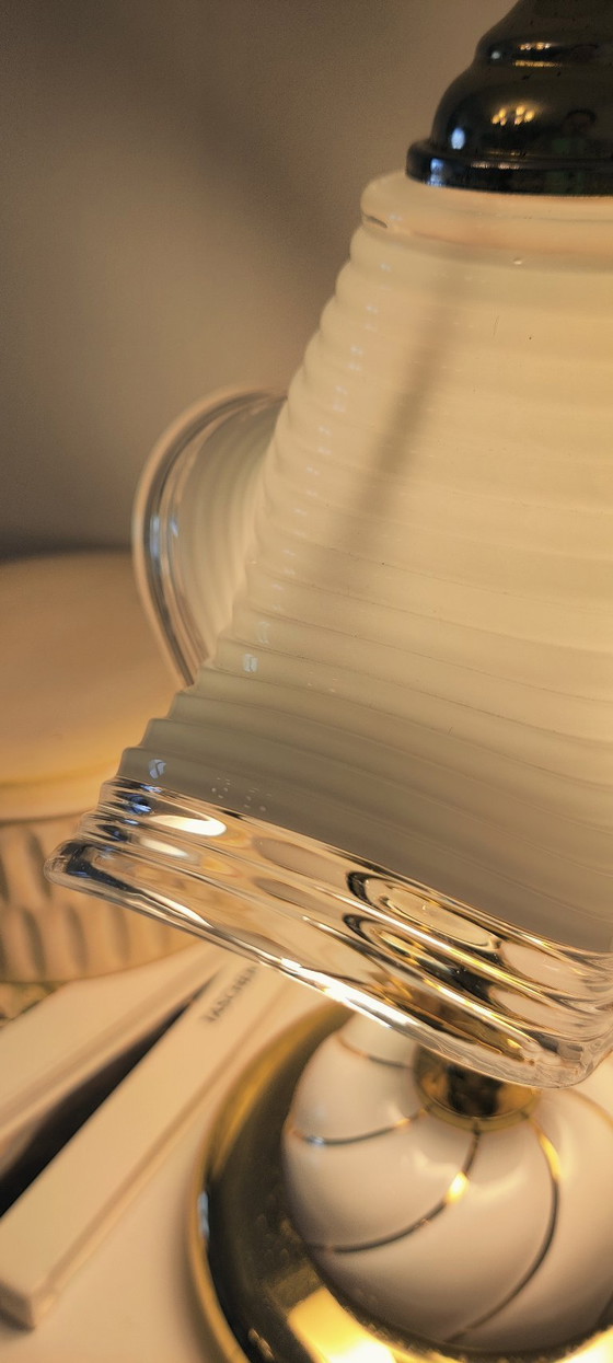 Image 1 of Vintage Hollywood Regency Table Lamps, Set of 2, Wavy Ribbed Opaline Glass, White and Gold Retro Bedside Lighting