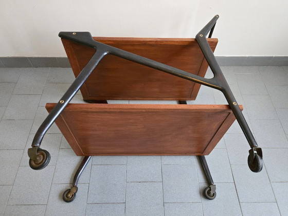 Image 1 of Vintage 1950s Rolling Bar Cart, Mahogany & Varnished Wood, 50s Rockabilly