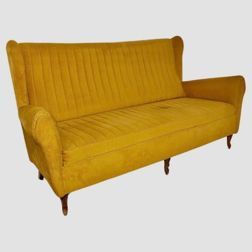 1 canapé trois places en velours jaune de style Mid-Century, inspiré de Gio Ponti