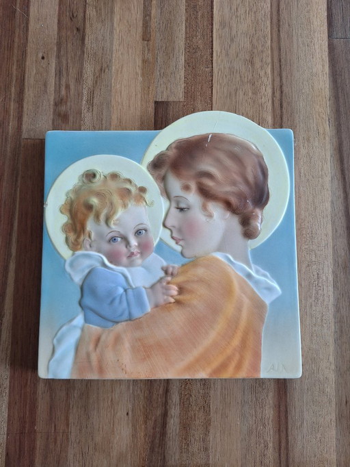 Italian polychrome ceramic relief plaque