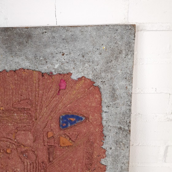 Image 1 of Tablette d'argile abstraite de Christophe Liron avec papier cuir, œuvre murale abstraite