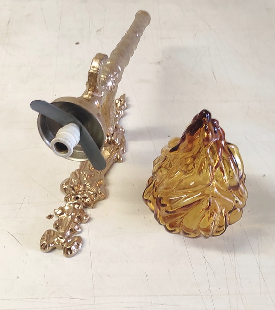 Image 1 of Torch-style wall sconces in gilded cast aluminum and glass - mid-20th century