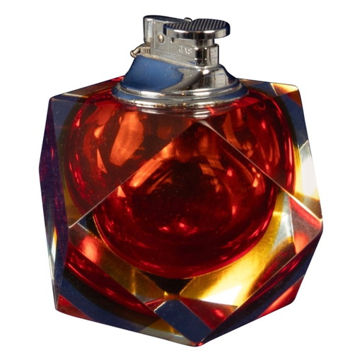 Encendedor de Mesa de Cristal Murano Sommerso Facetado de Alessandro Mandruzzato Italia 1970