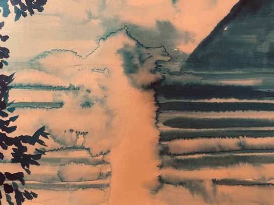 Image 1 of Monochroom blauwe aquarel "zonsondergang boven het meer"