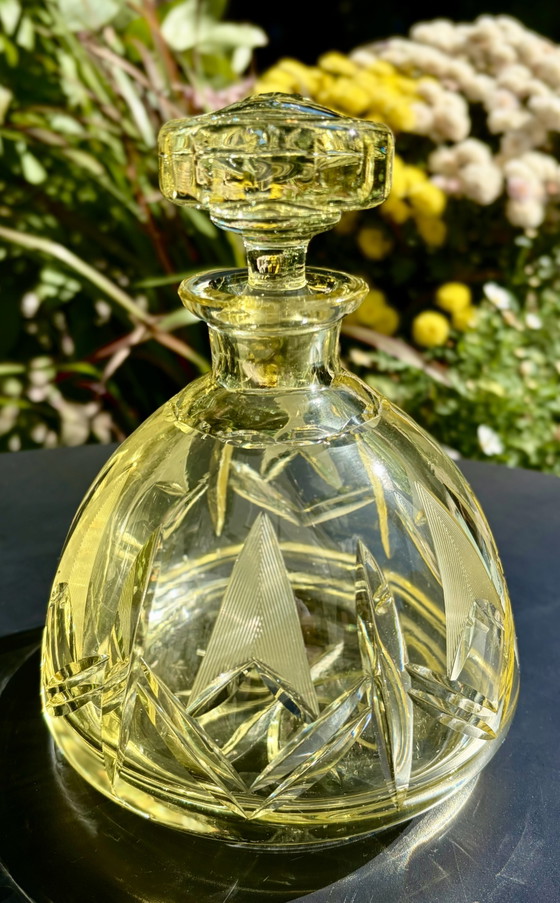 Antikes Art Déco Likörset / Karaffe Mit 4 Gläsern – Citringelb Kristall Geschliffen Böhmen Um 1930 (photo 5 of 6)