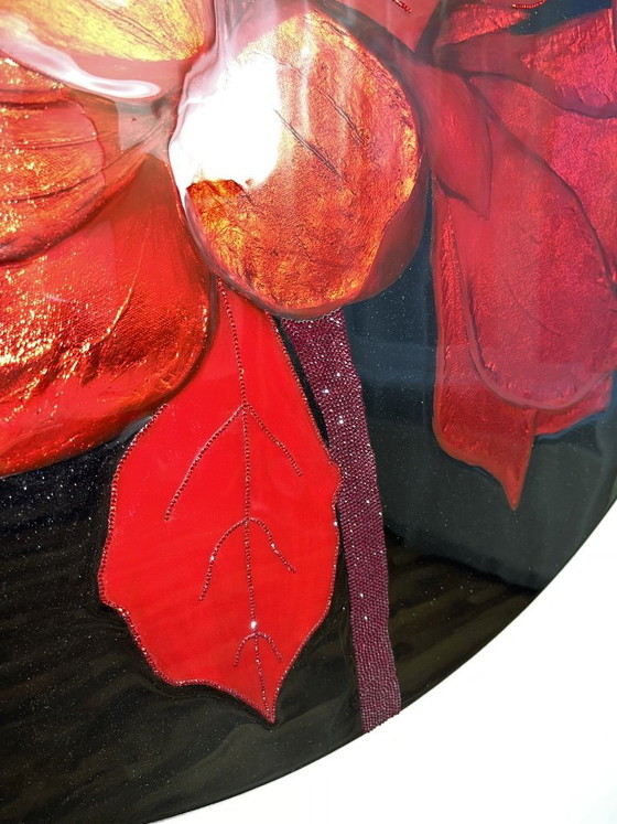 Image 1 of Grande décoration murale florale rouge – Peinture florale texturée avec feuille d'or