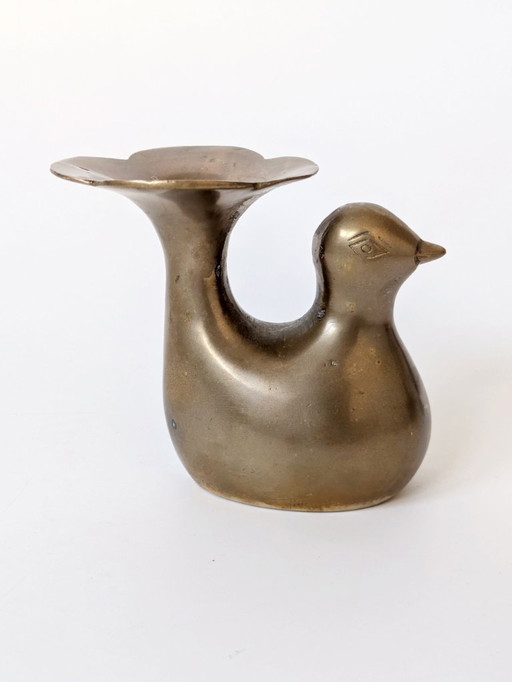 1960s Midcentury Style Brass Bird Candleholder or Bud Vase, Modern Rustic Accent