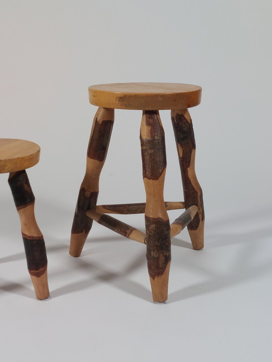 Pair of vintage mid-century hazelwood stools with carved bark decor – Footstools & poufs (photo 7 of 11)
