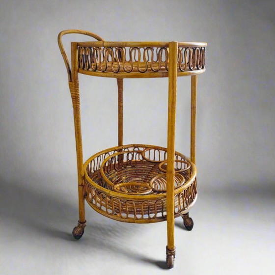 Image 1 of 1960s Gorgeous Bamboo & Rattan Serving Bar Cart Trolley by Franco Albini. Made in Italy