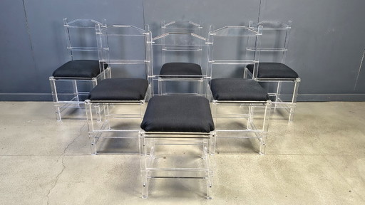 Lucite Or Plexi Dining Chairs, 1970s - Set Of 6 – eetkamerstoelen, Plexiglass, Textile